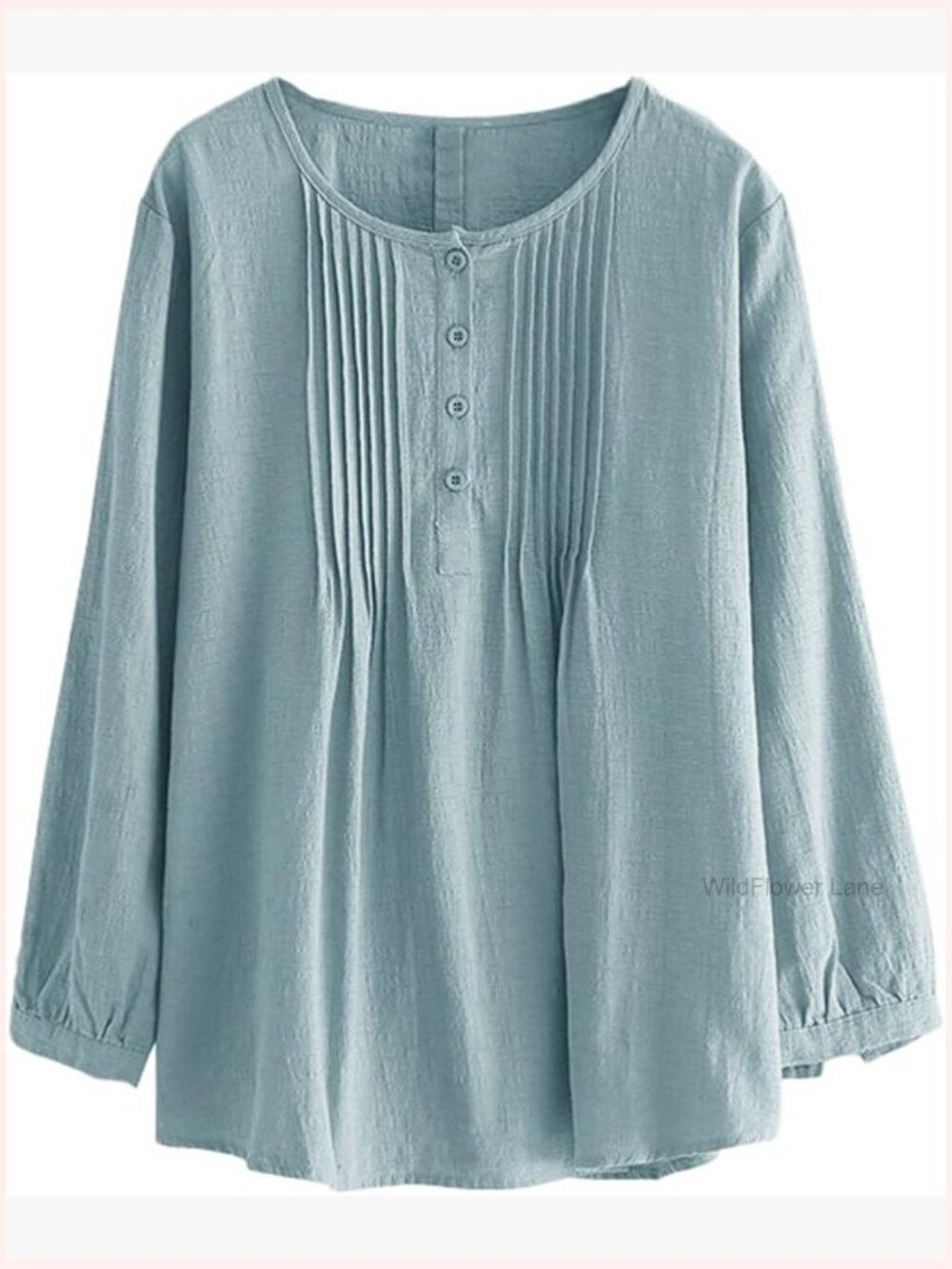Solid Button Tunic Pleated Blouse Long Sleeve